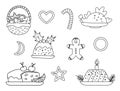 Vector black and white set of traditional Christmas desserts and dishes isolated on white background. Cute funny line illustration