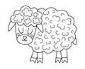 Vector black and white sheep icon. Cute outline cartoon female ewe illustration for kids. Farm animal isolated on white background