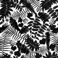 Vector black and white sillouette seamless pattern with ferns, leaves and wild flower. Suitable for textile, gift wrap and