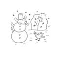 Vector black-white sketch funny cartoon puppy. Character dog on winter jokingly dressed up as a snowman and scares crows