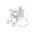 Vector black-white sketch funny cartoon puppy. Character dog on winter in a Santa Claus costume with a bag of gifts next Royalty Free Stock Photo