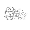 Vector black and white sketch illustration pint, tumbler of beer. Bubbles and foam pouring from mug. Drink ale in