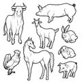 Vector black and white sketch set of isolated farm animals. Collection of silhouettes agricultural pets. Horse rooster pig rabbit Royalty Free Stock Photo