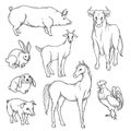 Vector black and white sketch set of isolated farm animals. Collection of silhouettes agricultural pets. Horse rooster