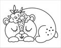 Vector black and white sleeping bear with flowers on the head. Cute bohemian style woodland animal line icon isolated on white