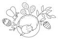 Vector black and white sleeping squirrel with acorn, cone, insect, leaves. Funny outline autumn scene with woodland animal. Cute Royalty Free Stock Photo