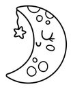 Vector black and white smiling half-moon icon with closed eyes. Fairytale themed sleeping moon with star. Cute magic outline