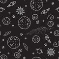 Vector Black and white space Doodle seamless pattern. Royalty Free Stock Photo