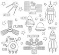 Vector black and white space technics set for children. Outline illustration of spaceship, rocket, satellite, space station, rover