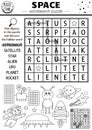Vector black and white space wordsearch puzzle for kids. Simple astronomy crossword. Activity with UFO, astronaut, star, planet,