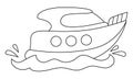 Vector black and white speedboat with waves and splashes. Water transport line icon. Funny nautical transportation boat clipart