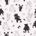 Vector black and white sporty anthromorphic cartoon characters seamless pattern background