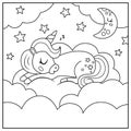 Vector black and white square background with unicorn sleeping on cloud under stars. Magic or fantasy world scene. Fairytale line Royalty Free Stock Photo