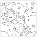 Vector black and white square background with unicorn sleeping on half moon under stars. Magic or fantasy world line scene. Royalty Free Stock Photo