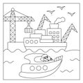 Vector black and white square scene with girl sailing on speedboat and seaport. Transportation line illustration or coloring page