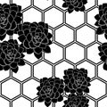 Vector black and white succulent flower hexagon background seamless pattern print