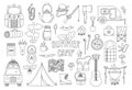 Vector black and white summer camp set. Camping, hiking, fishing equipment collection. Outdoor nature tourism outline icons pack Royalty Free Stock Photo