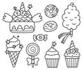 Vector black and white sweets set. Cute line cake, ice cream, lollypop, cotton candy, donut, cupcake with unicorn horn, stars,