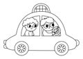 Vector black and white taxi car with driver and passenger. Funny cab for kids. Cute vehicle line clip art. Retro transport icon or