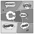 Vector black and white template of retro comic book page with various speech bubbles