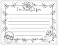 Vector black and white Thanksgiving card. Im thankful for horizontal line letter template with cute turkey, basket with apples,