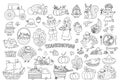 Vector black and white Thanksgiving elements set. Autumn line icons collection with funny pilgrims, native American, turkey,