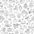 Vector black and white Thanksgiving seamless pattern. Outline autumn repeat background with funny pilgrims, native American,