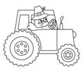 Vector black and white Thanksgiving turkey in pilgrim hat. Autumn bird line icon. Outline fall holiday animal driving tractor Royalty Free Stock Photo
