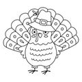 Vector black and white Thanksgiving turkey in pilgrim hat. Autumn bird line icon. Outline fall holiday animal isolated on white Royalty Free Stock Photo