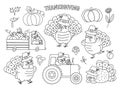 Vector black and white Thanksgiving turkey set. Autumn birds line icon. Fall holiday outline animal in pilgrim hat pack. Line