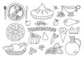 Vector black and white traditional Thanksgiving desserts and dishes set. Cute outline illustration of autumn holiday meal. Fall