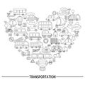 Vector black and white transportation heart shaped frame with bus, car, boat, truck. Line card template design with transport for