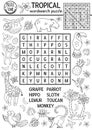 Vector black and white tropical wordsearch puzzle for kids. Simple summer crossword with exotic animals and birds for children.