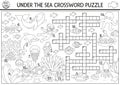 Vector black and white under the sea crossword puzzle for kids. Simple ocean life line quiz with marine landscape for children.