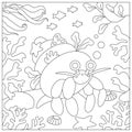 Vector black and white under the sea landscape illustration with hermit crab. Ocean life line scene with sand, seaweeds, corals,