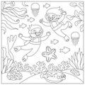 Vector black and white under the sea landscape illustration with kid divers. Ocean life line scene with sand, seaweeds, corals,