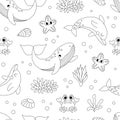 Vector black and white under the sea seamless pattern. Repeat line background with dolphin, whale, star, crab, seaweeds. Ocean Royalty Free Stock Photo