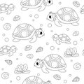 Vector black and white under the sea seamless pattern. Repeat line background with tortoise and its baby. Ocean life digital paper Royalty Free Stock Photo