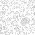 Vector black and white under the sea seamless pattern. Repeat line background with tortoise, octopus, corals, crab. Ocean life