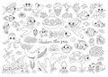Vector black and white under the sea set. Ocean line collection with seaweeds, fish, divers, submarine. Cartoon water animals and Royalty Free Stock Photo