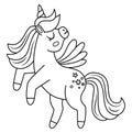 Vector black and white unicorn with horn and mane. Fantasy line animal with wings standing on back feet. Fairytale horse character