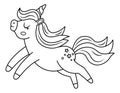 Vector black and white unicorn with yellow horn and pink mane. Fantasy line running animal with closed eyes. Fairytale horse Royalty Free Stock Photo