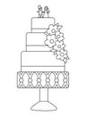 Vector black and white wedding cake with flowers, ribbon, little bride and groom statuettes. Cute line marriage clipart element. Royalty Free Stock Photo