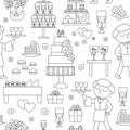 Vector black and white wedding candy bar seamless pattern. Cute line marriage sweet table or buffet repeat background with waiter