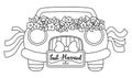 Vector black and white wedding car decorated with flowers and ribbons. Honeymoon line automobile with just married plate. Cute