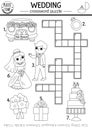 Vector black and white wedding crossword puzzle for kids. Simple line marriage ceremony quiz or coloring page. Matrimony activity