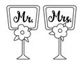 Vector black and white wedding dining table plates with Mr. and Mrs. Inscription. Cute marriage line symbol clipart element for