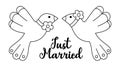 Vector black and white wedding doves with flowers and just married inscription. Cute marriage line clipart element. Newly married