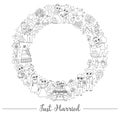 Vector black and white wedding round frame with just married couple. Marriage ceremony card template for banners, invitations. Royalty Free Stock Photo