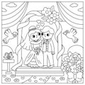 Vector black and white wedding scene with cute just married couple. Marriage line ceremony landscape coloring page with bride and Royalty Free Stock Photo